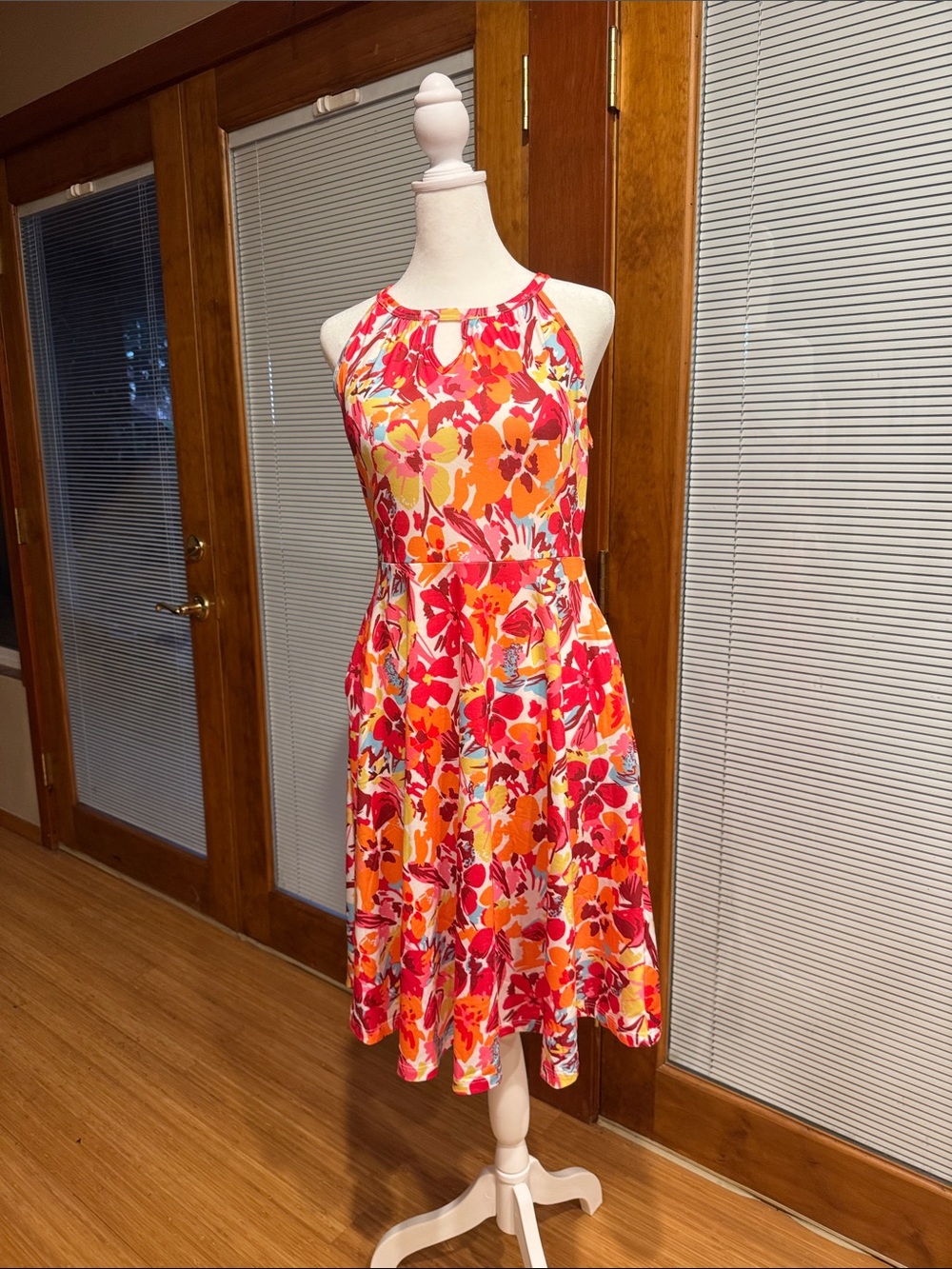 Vibrant Floral Halter Sundress - Pink & Orange, Built-in Bra, M - Picture 2 of 4